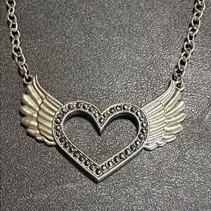 33.  Winged Rhinestone Heart Gun-smoke Grey Necklace